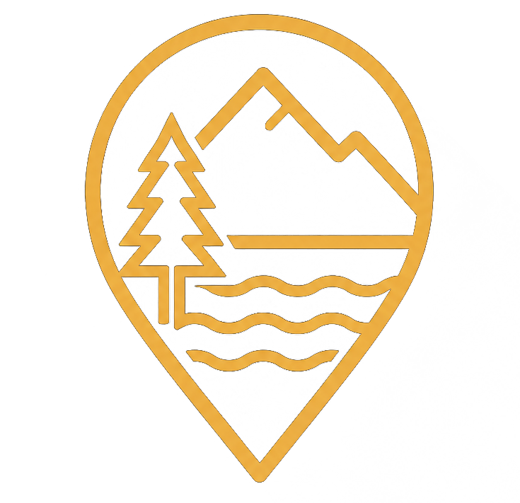 Gold location-pin icon featuring mountains, evergreen trees, and lake waves representing Coeur d’Alene, Idaho.