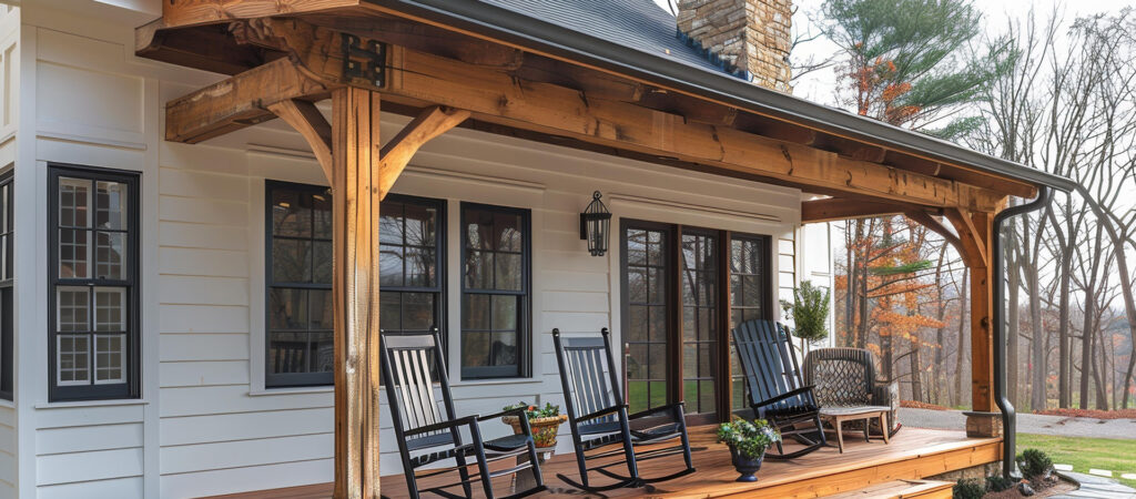 Custom timber-frame covered porch built for a North Idaho home