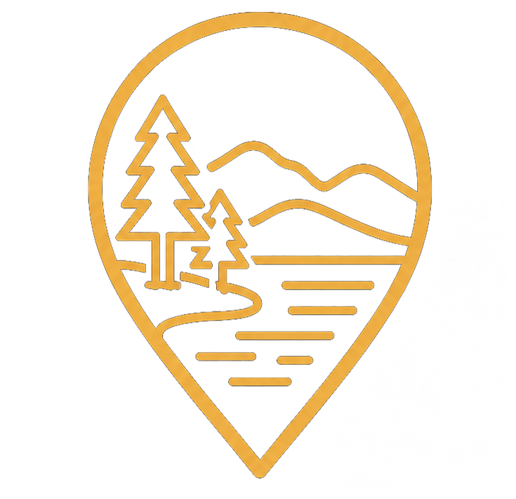 Gold location-pin icon featuring evergreen trees, rolling hills, and a lakeside landscape representing Athol, Idaho.