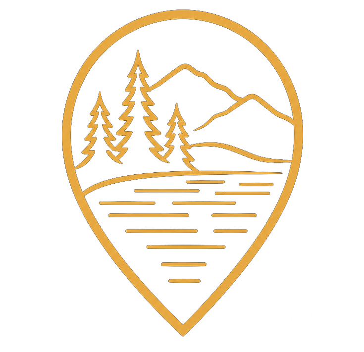 Gold location-pin icon featuring Hayden Lake, evergreen trees, and mountain foothills representing Hayden, Idaho.