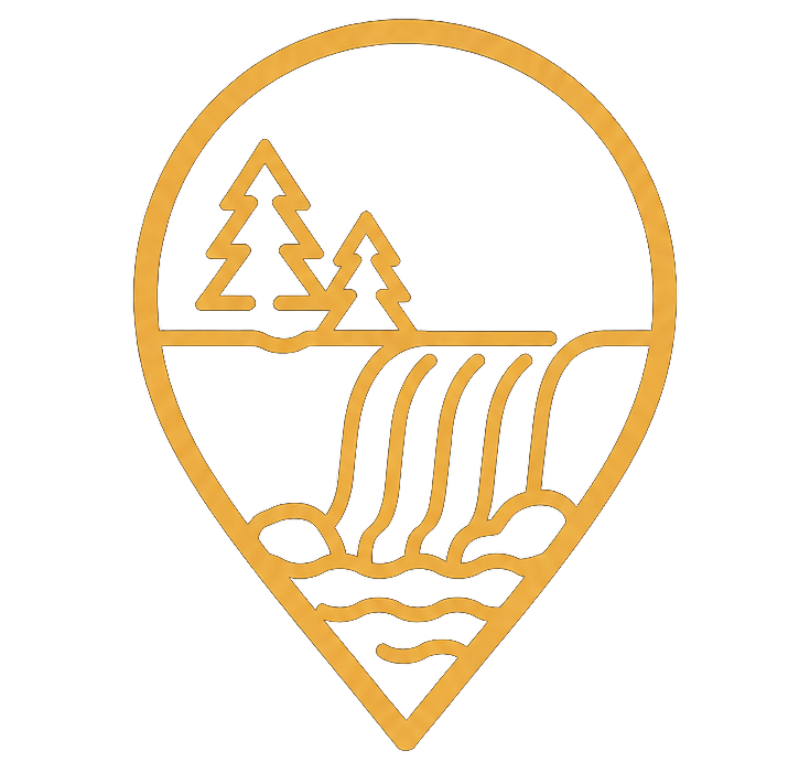 Gold location-pin icon featuring a waterfall, evergreen trees, rocks, and river waves representing Post Falls, Idaho.