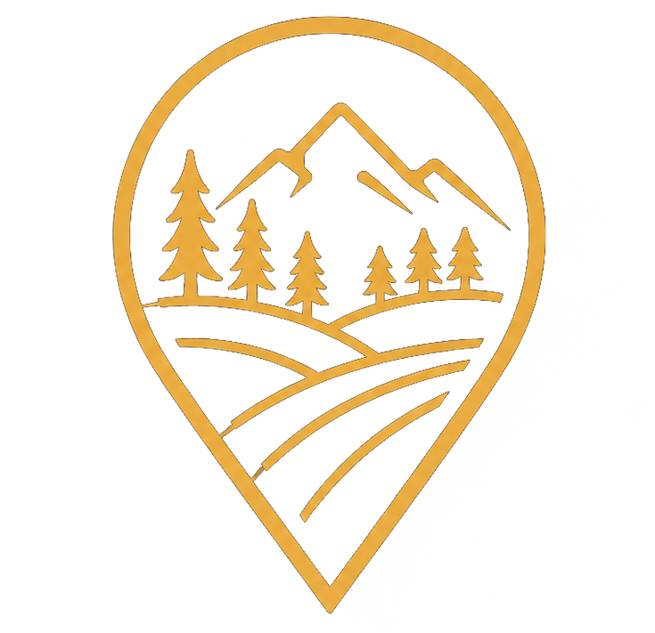 Gold location-pin icon featuring open fields, evergreen trees, and mountain peaks representing Rathdrum, Idaho.