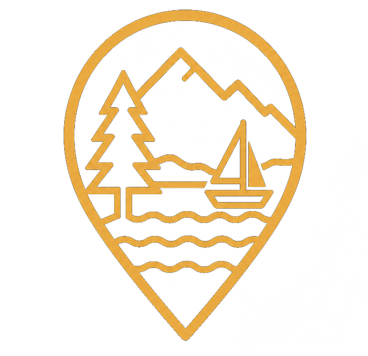 Gold location-pin icon featuring Lake Pend Oreille, a sailboat, evergreen tree, and mountain peaks representing Sandpoint, Idaho.