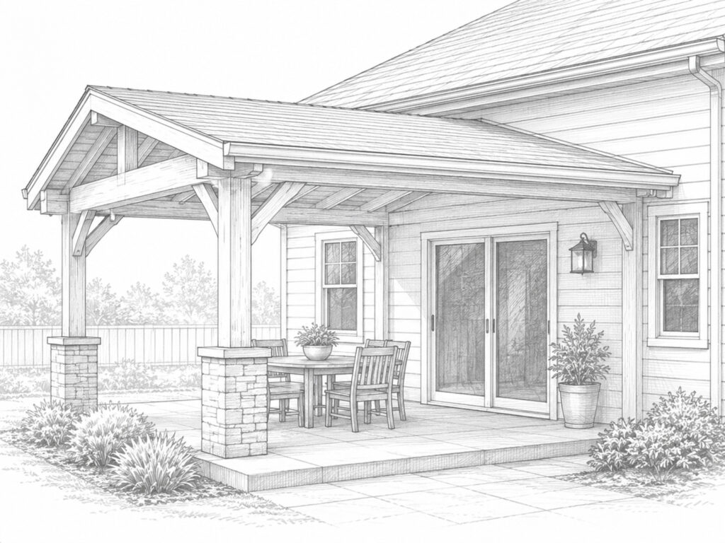 Patio cover construction North Idaho showing an attached patio cover connected to the existing home