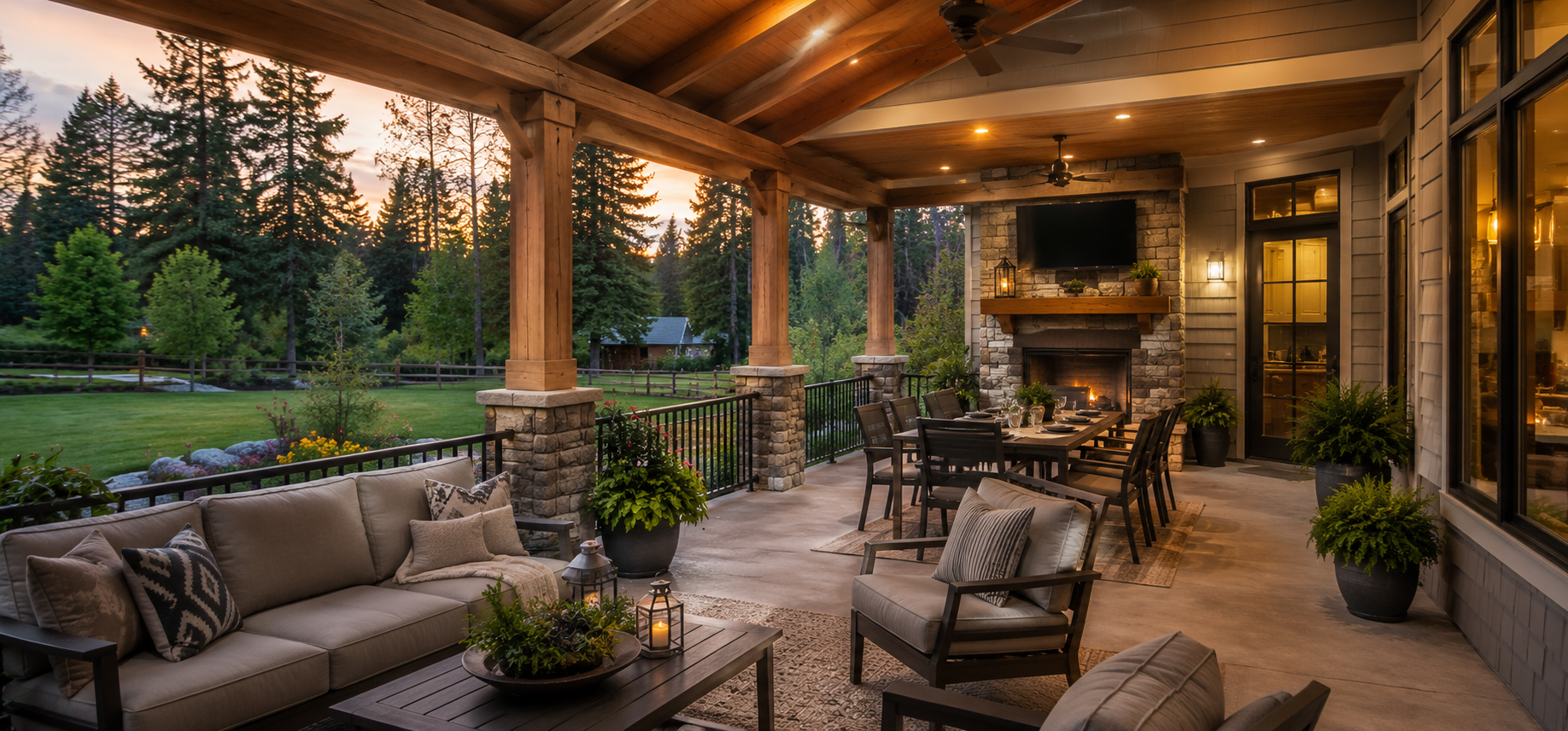 Covered porch addition with seating, dining space, lighting, and mountain views at a North Idaho home