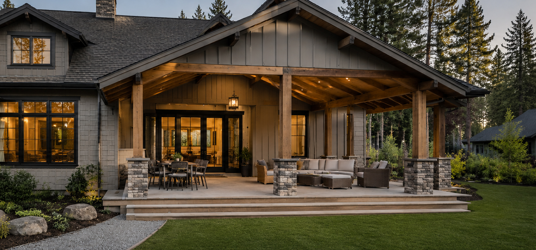 Custom covered porch addition integrated with a North Idaho home and landscaped yard