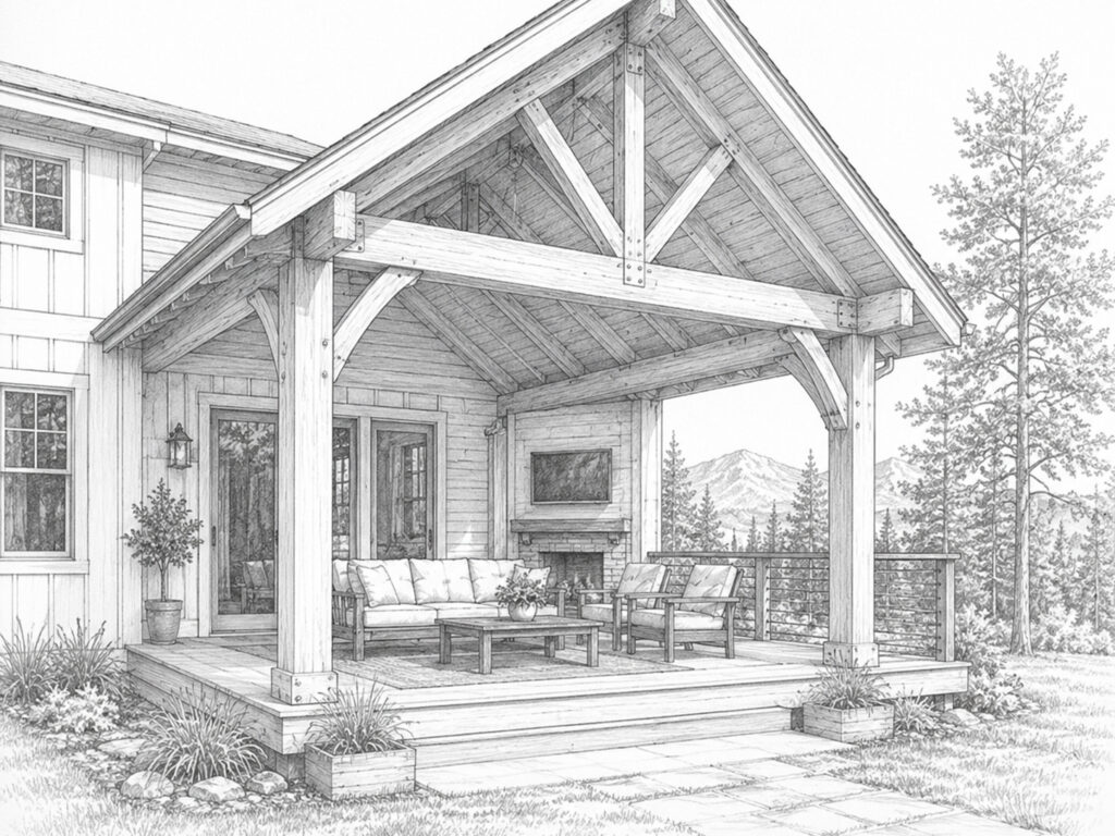 Architectural line drawing of a gabled timber porch with exposed truss framing and mountain views