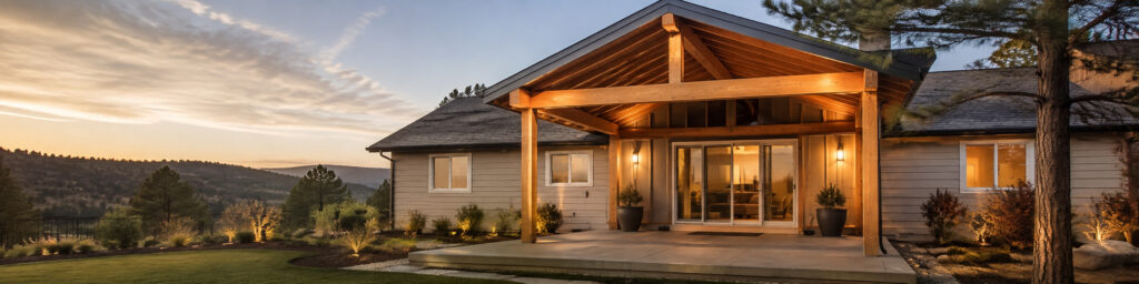 Patio cover construction North Idaho with custom timber framing and covered outdoor living space