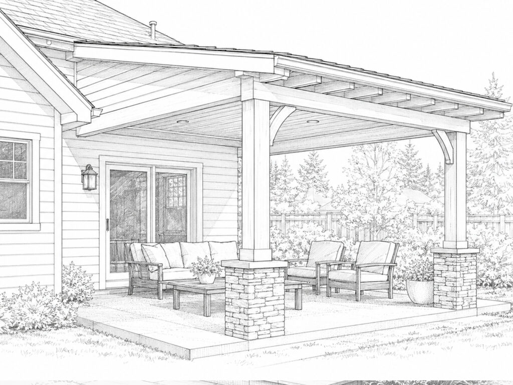 Patio cover construction North Idaho showing a patio roof extension connected to the existing home