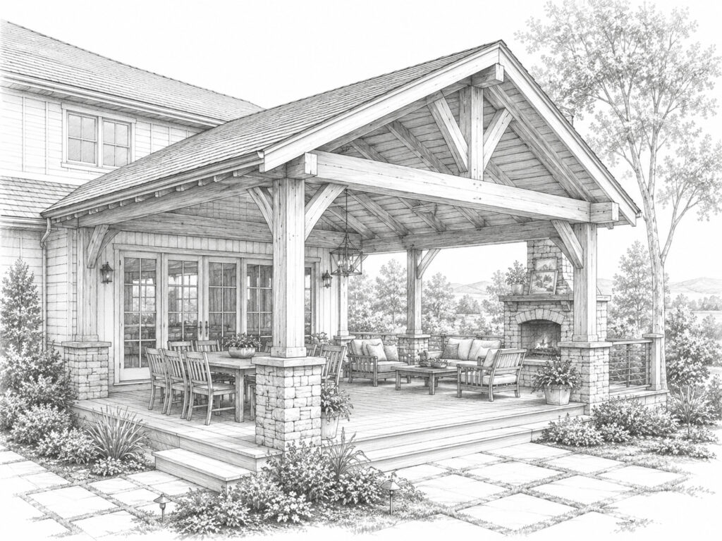 Architectural line drawing of a timber back porch with exposed beams, dining space, seating, and stone post bases