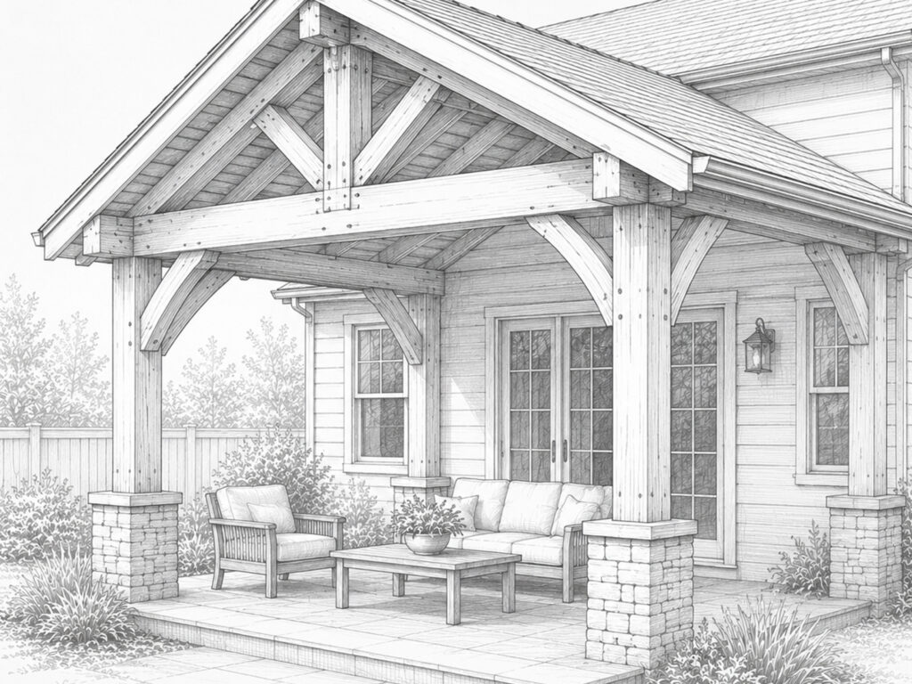 Patio cover construction North Idaho showing a timber-framed patio cover with exposed posts and beams