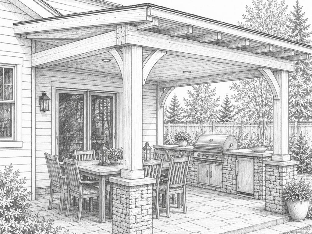 Architectural line drawing of a timber-framed patio shelter with dining area and outdoor kitchen