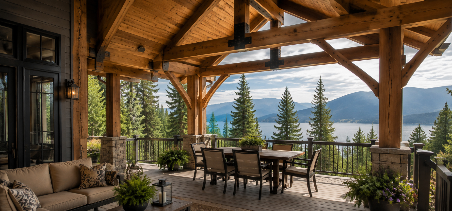 Timber porch in North Idaho with open mountain views, dining space, and exposed wood framing