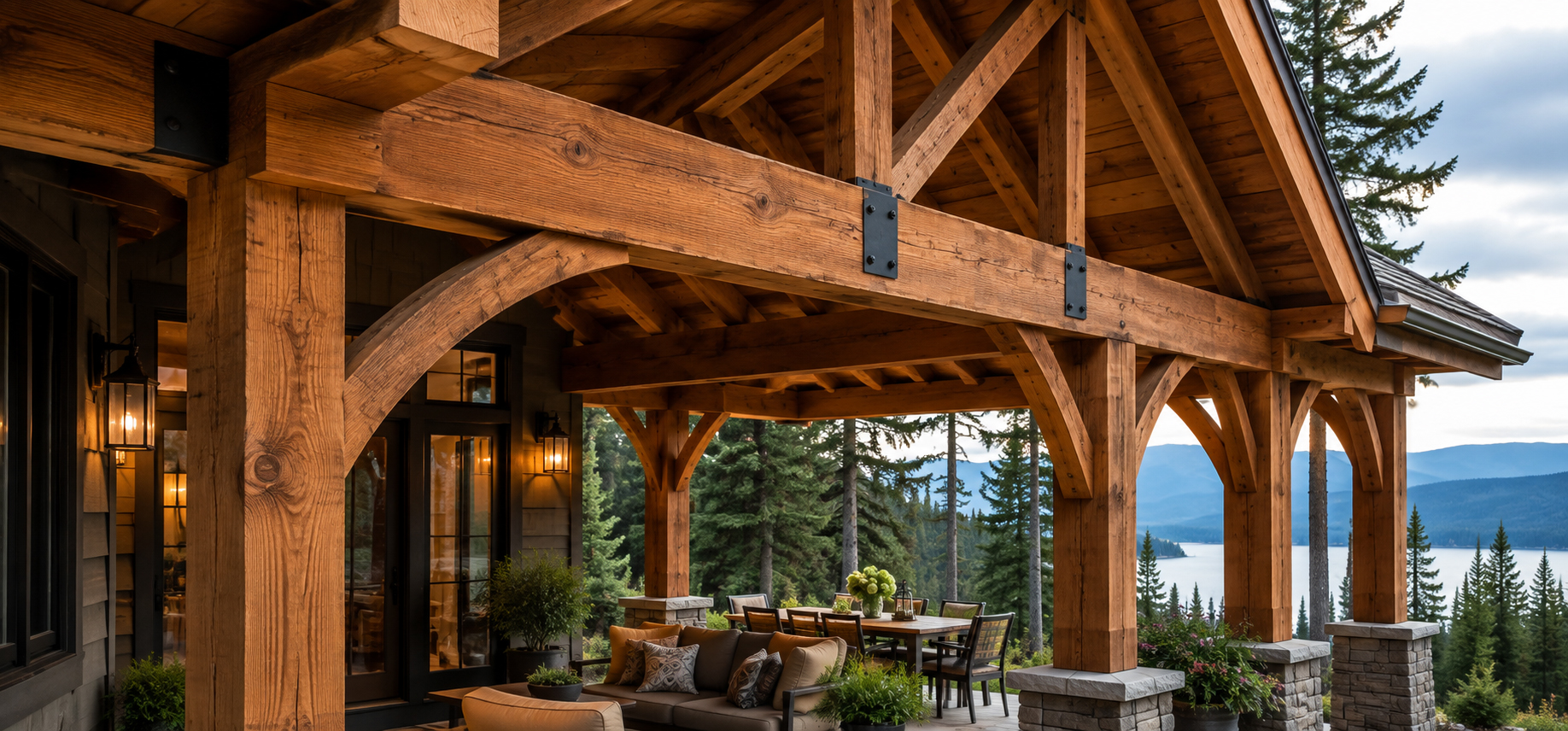 Exposed timber porch beams, braces, and posts on a North Idaho home
