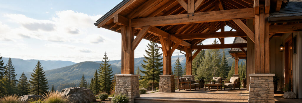 Timber porch construction in North Idaho with exposed beams, heavy posts, stone bases, and a covered outdoor living area