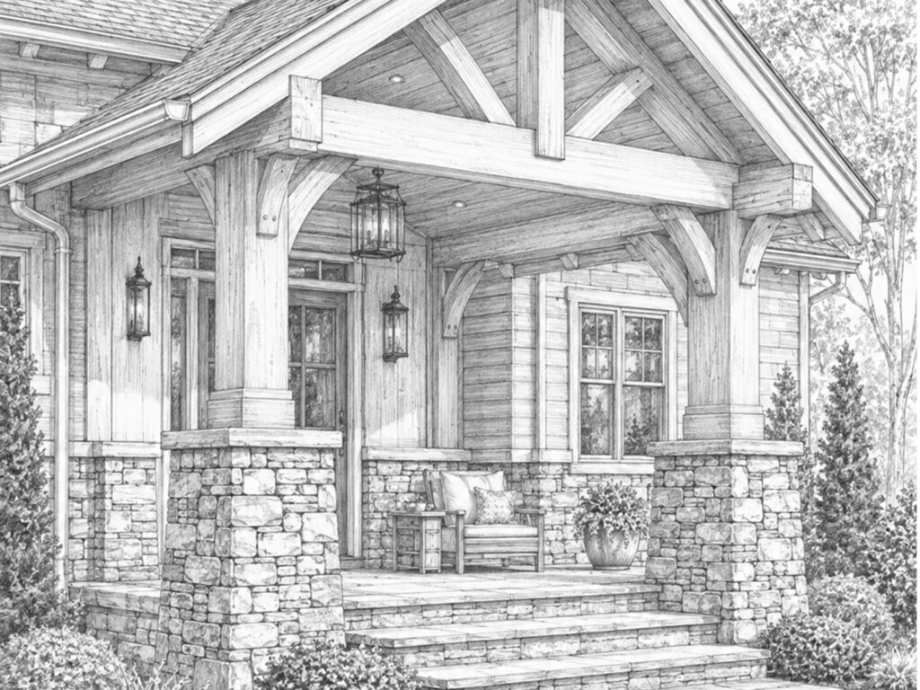 Architectural line drawing of a timber porch with stone masonry post bases and exposed wood framing