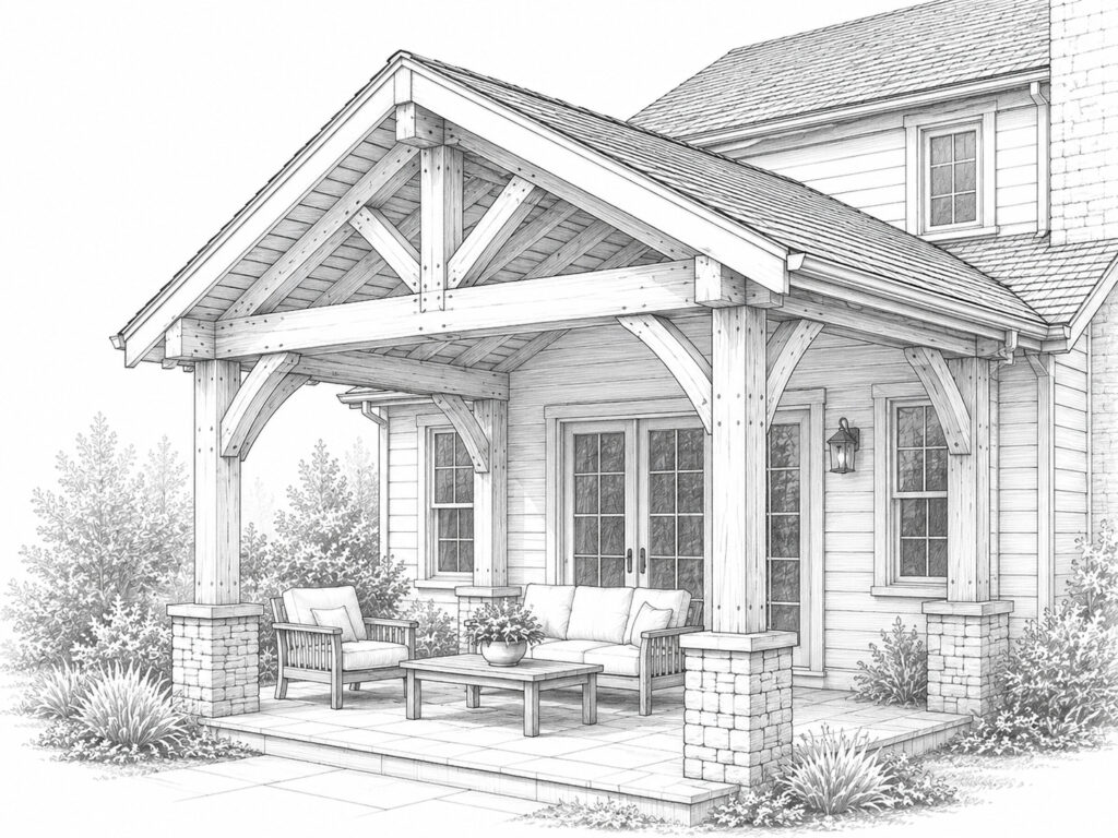 Architectural line drawing of a timber porch roof extension attached to a North Idaho home
