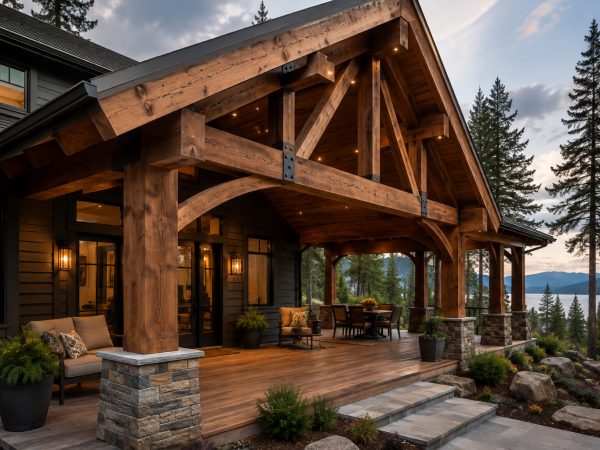 Custom timber porch with exposed posts and beams on a North Idaho home